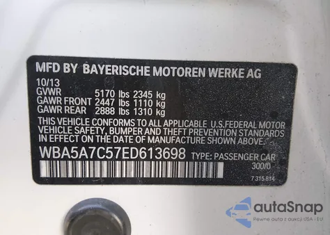 2014 BMW 528I xDrive from USA, damaged, VIN WBA5A7C57ED613698
